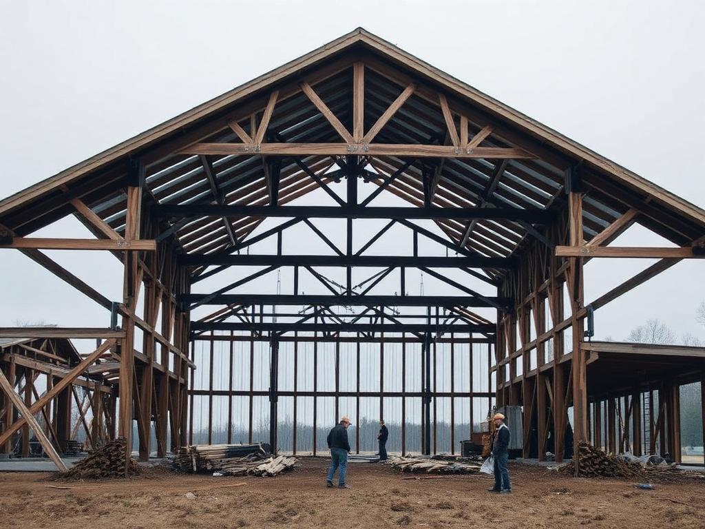 Pole barn under construction with exposed trusses and crew on site